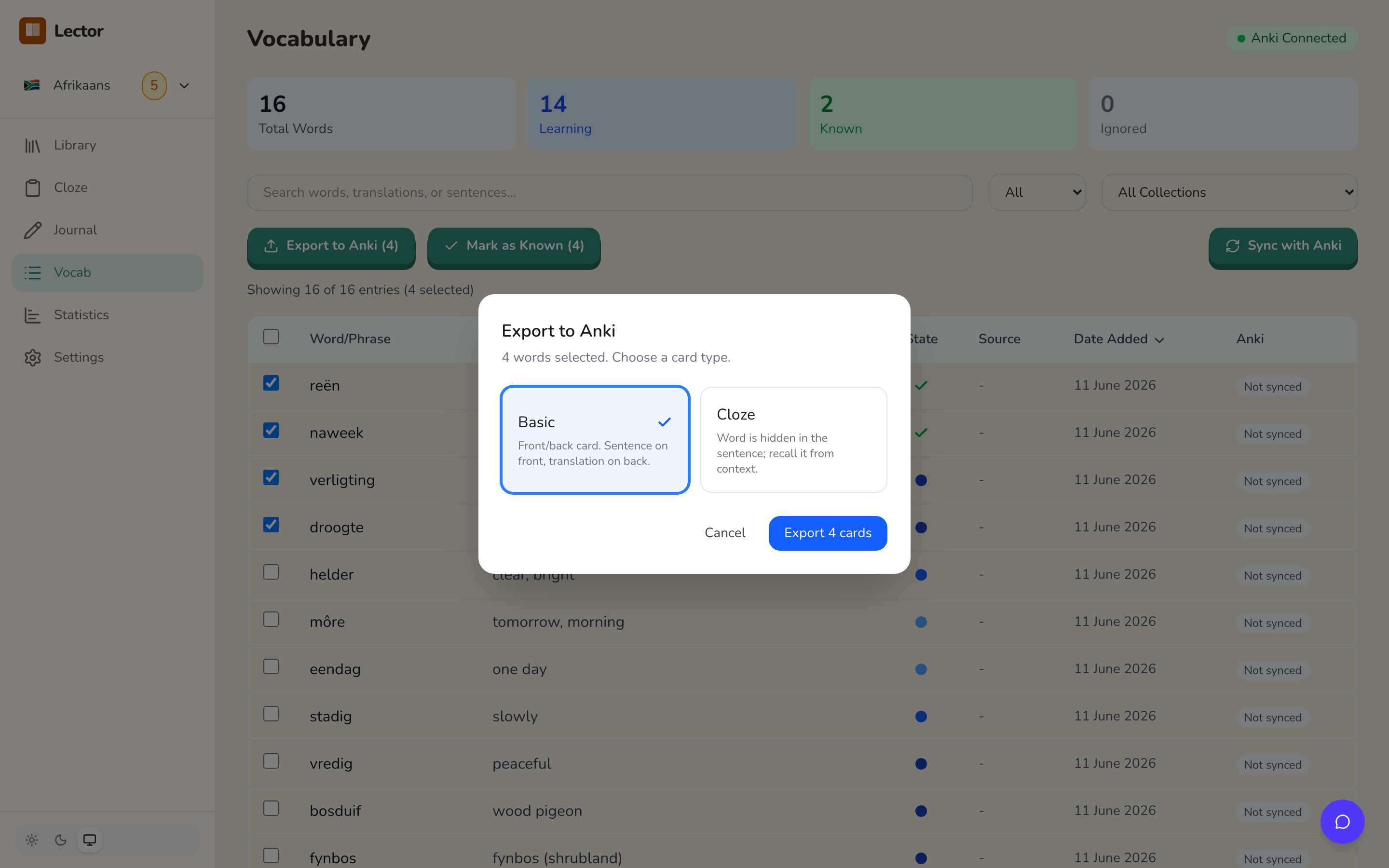 Export-to-Anki dialog choosing Basic or Cloze card type — first-party AnkiConnect integration