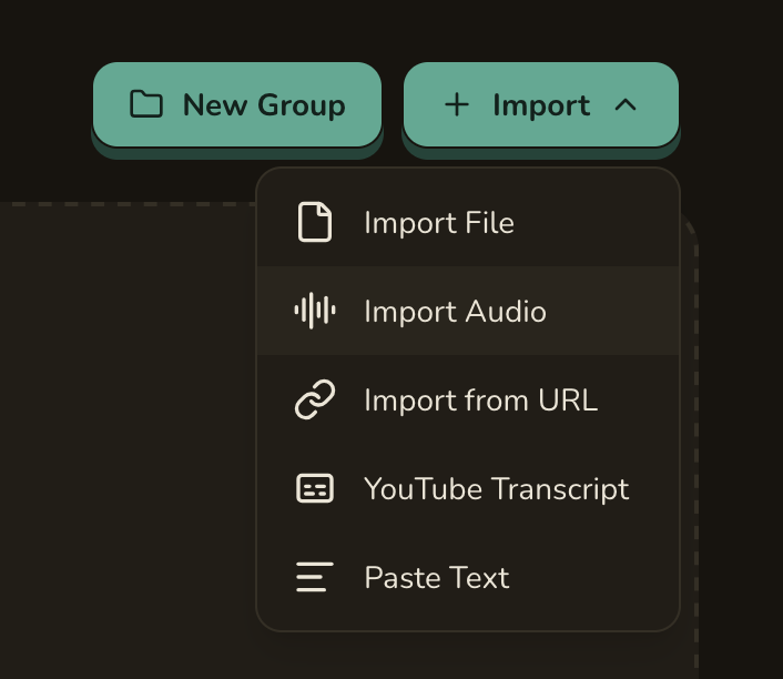 Lector's Import dropdown showing Import File, Import Audio, Import from URL, YouTube Transcript, and Paste Text.