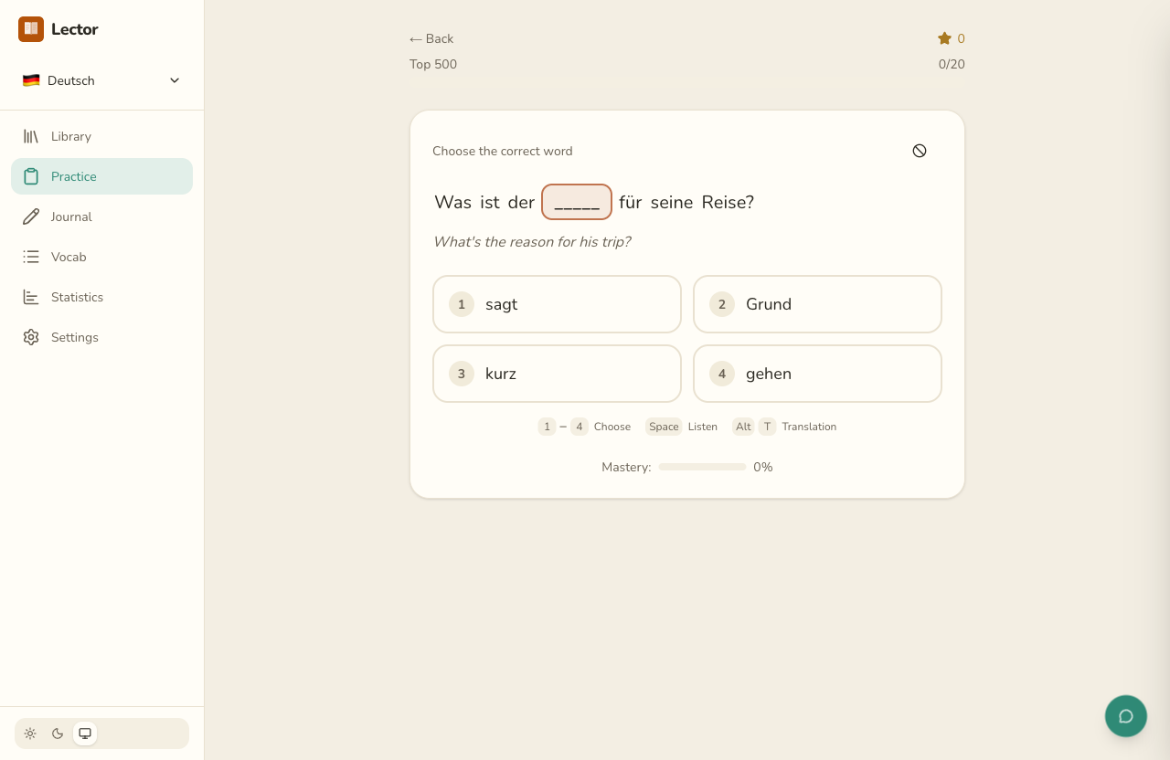 German cloze practice in Lector with multiple-choice options