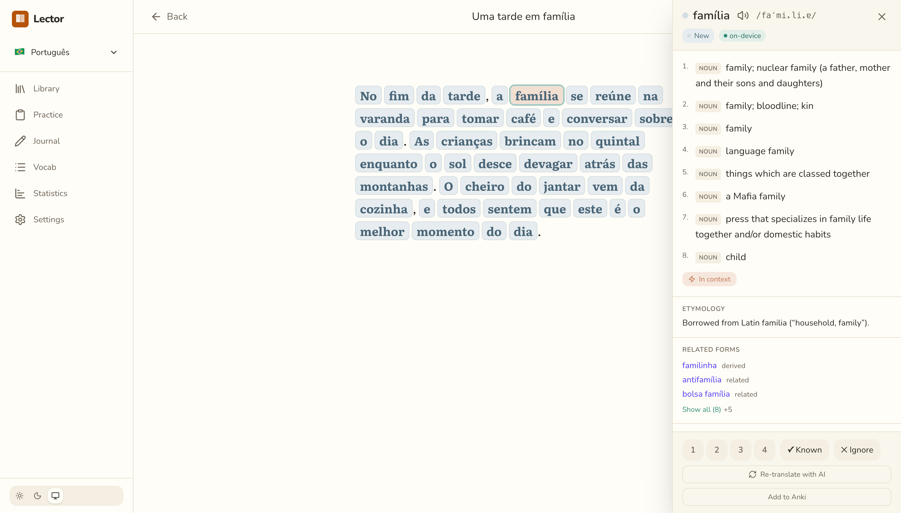 Lector reading a Portuguese passage with colour-coded word states and click-to-translate