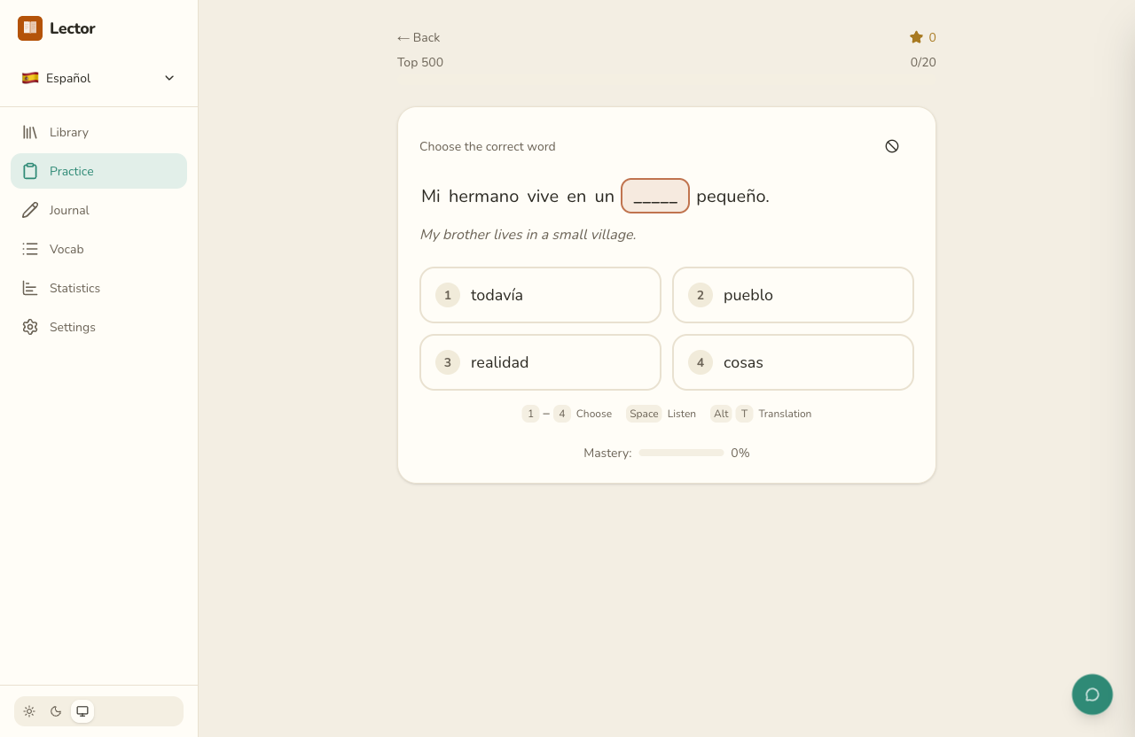 Spanish cloze practice in Lector with multiple-choice options