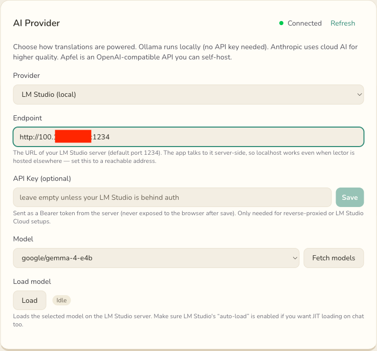 Lector's AI Provider settings configured for LM Studio: provider set to LM Studio, endpoint pointing at a Tailscale address, the google/gemma-4-e4b model selected, and a green Connected status.