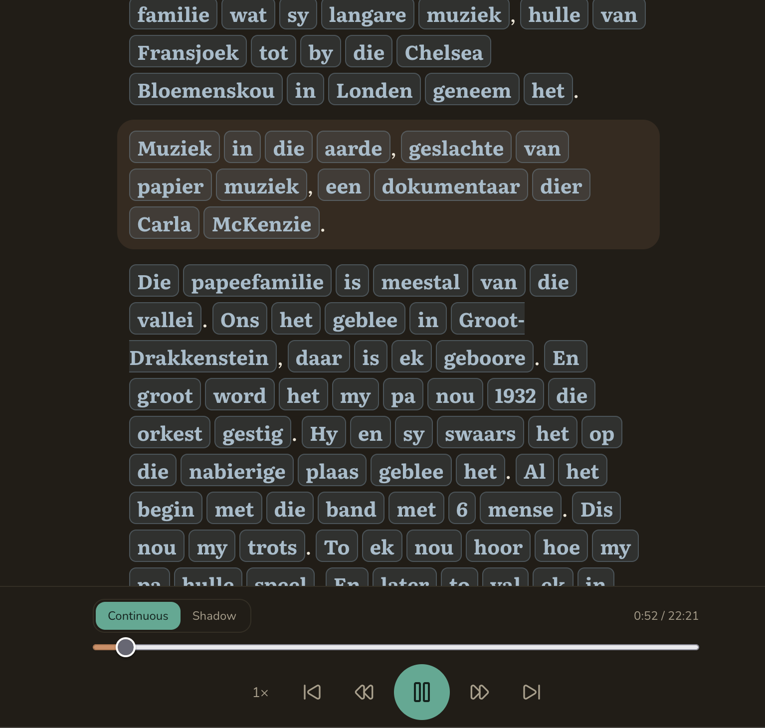 Lector's listen-along reader: Afrikaans transcript with the currently-playing sentence highlighted, and an audio player bar with a Continuous/Shadow toggle, speed control, and scrubber.