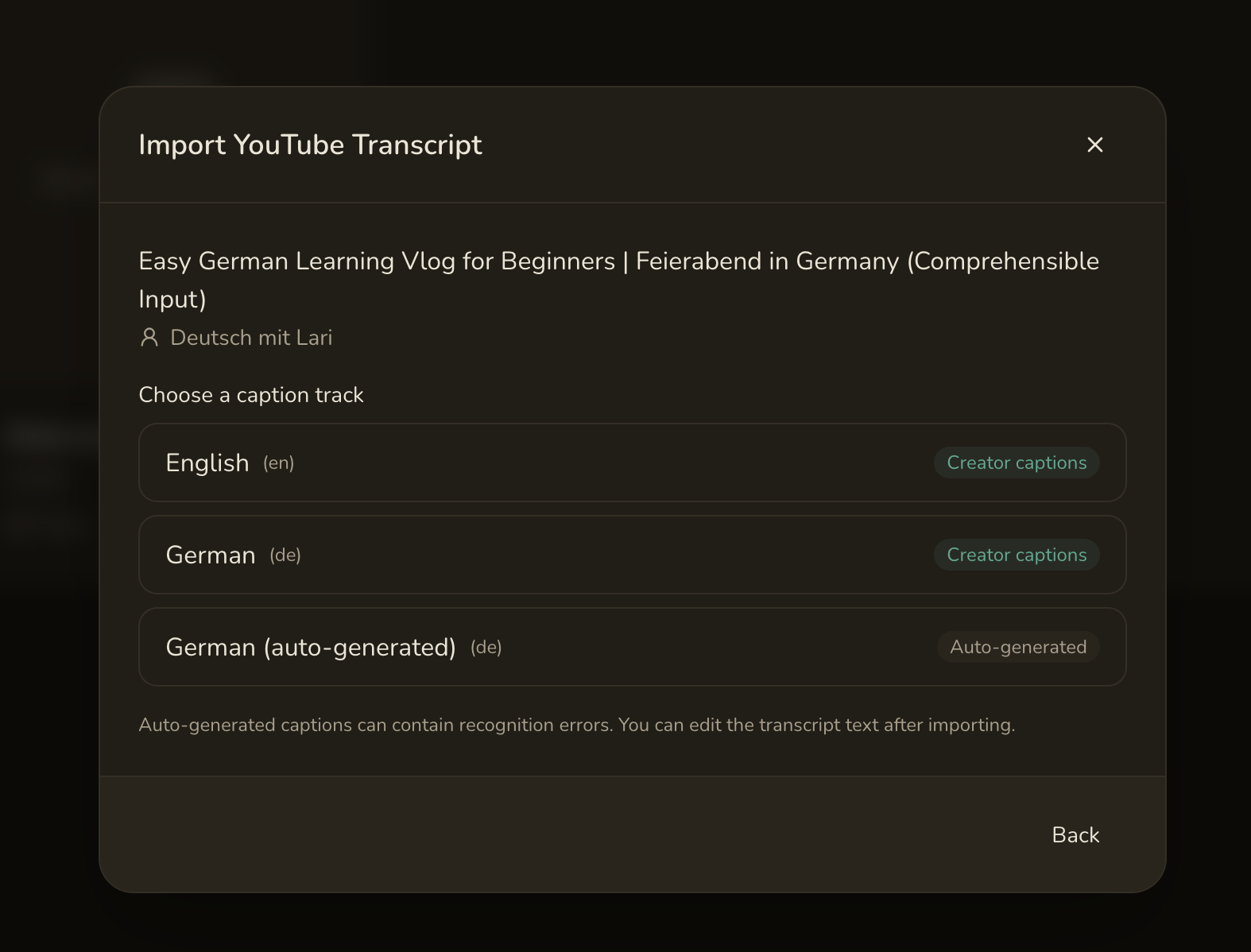 Lector's YouTube import dialog listing available caption tracks: English (creator), German (creator), and German (auto-generated).